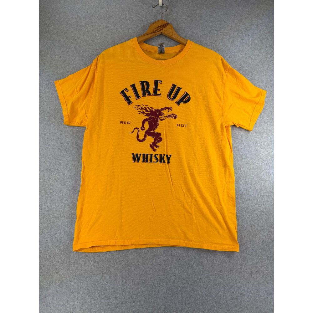 Gildan Men’s Large Fire Up Whisky Graphic T-Shirt Yellow Cotton 3679